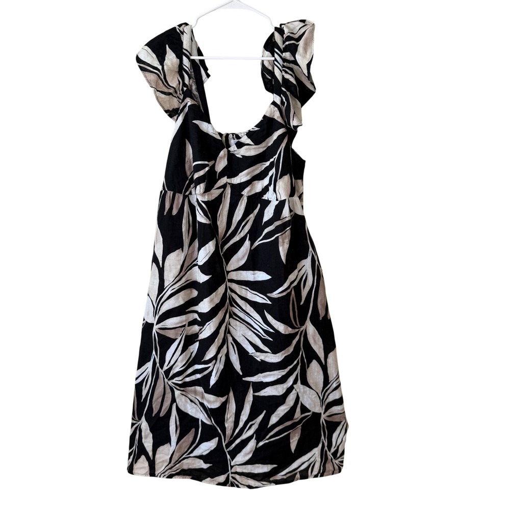 Women XL Black White Tropical Leaf Ruffle Sleeve Cotton Midi‎ Dress adjust strap